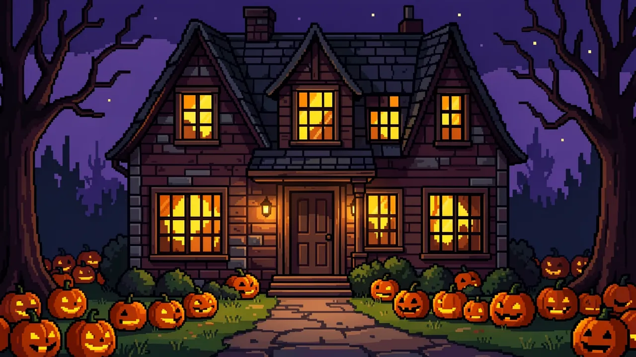Retro pixel art haunted house with glowing windows and jack-o'-lanterns in a pumpkin patch at night