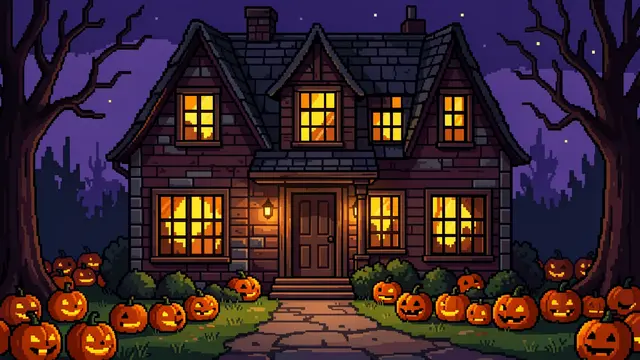 Retro pixel art haunted house with glowing windows and jack-o'-lanterns in a pumpkin patch at night