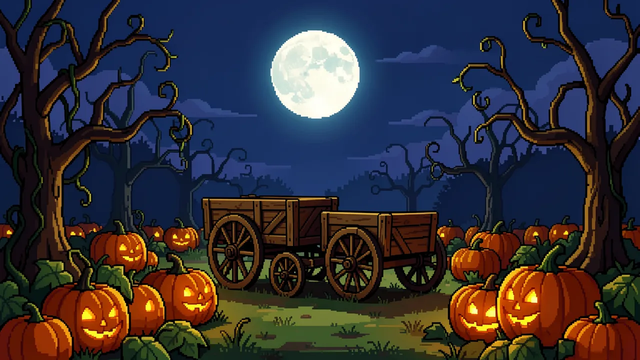 Retro pixel art of a moonlit Halloween pumpkin patch with glowing jack-o'-lanterns and wooden carts