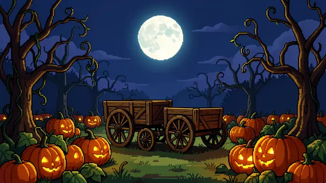 Retro pixel art of a moonlit Halloween pumpkin patch with glowing jack-o'-lanterns and wooden carts
