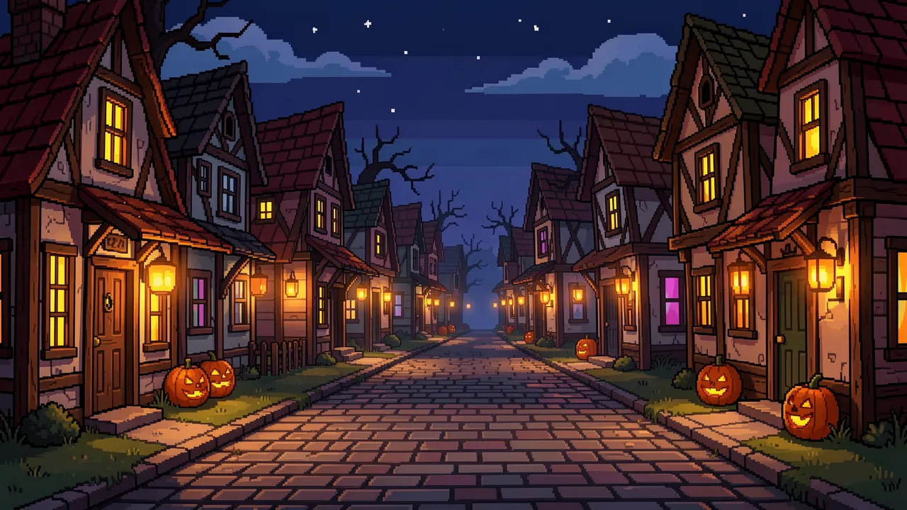 Pixel art night view of a cobblestone Halloween town lane lined with jack-o-lanterns and glowing cottage windows