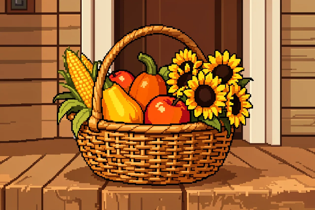 Pixel art wicker harvest basket filled with produce and sunflowers sits on a wooden porch step