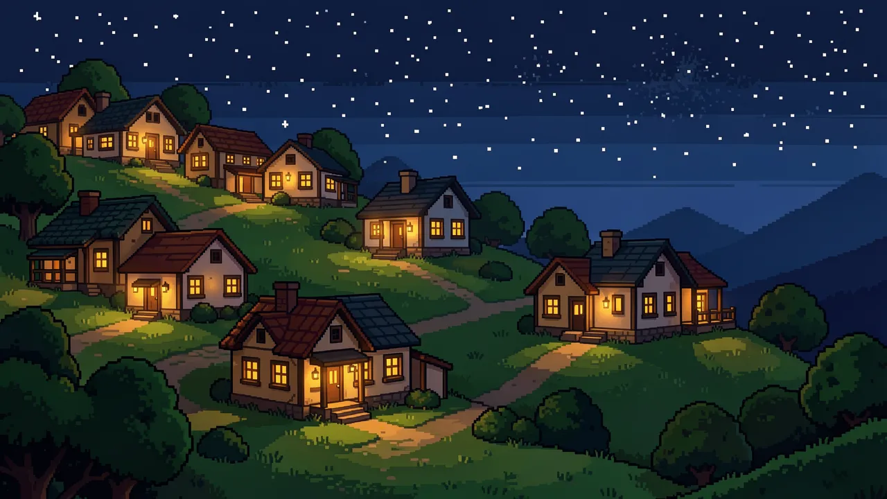 Pixel art hillside village with warm lit cottages under a starry night sky
