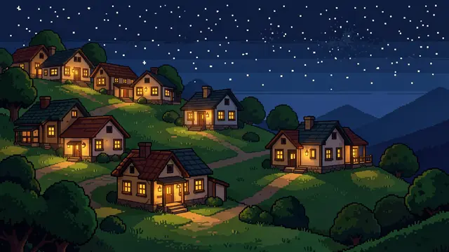 Pixel art hillside village with warm lit cottages under a starry night sky