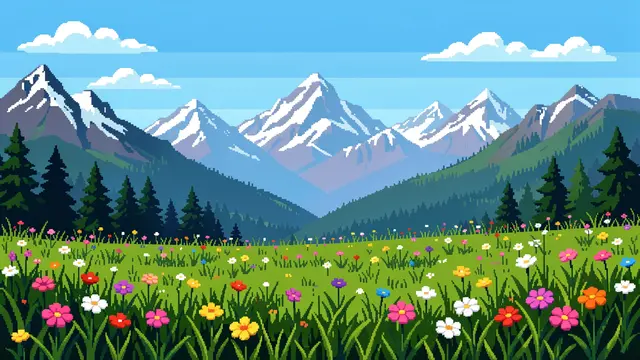 Retro pixel art alpine meadow with colorful wildflowers, pine trees, and distant snowy mountain peaks under a bright blue