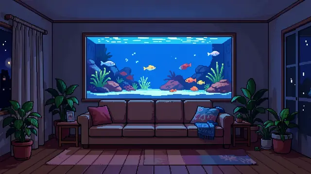 Retro pixel art nighttime living room centered on a glowing wall aquarium above a brown sofa