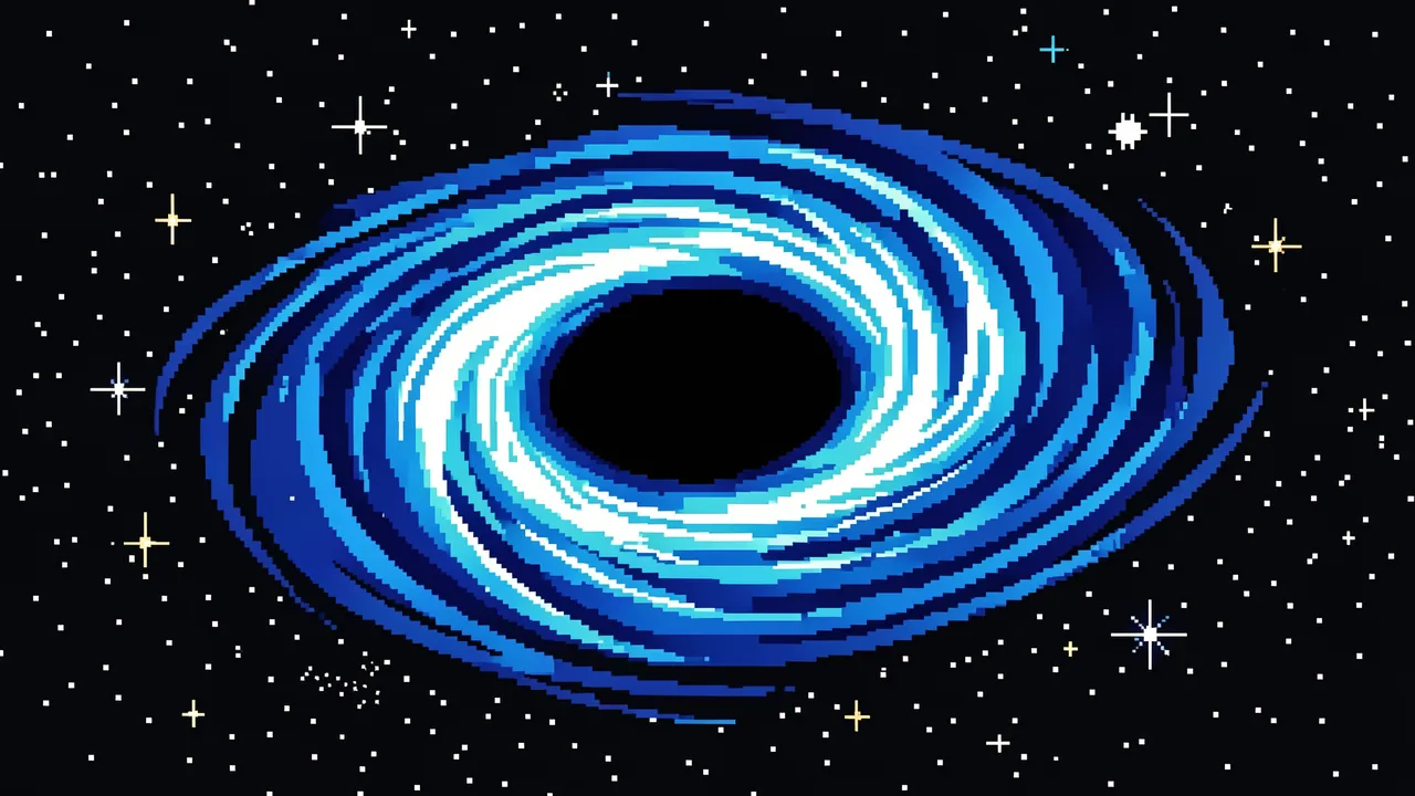 Retro pixel art depiction of a black hole with a swirling blue and white accretion disk set against a starry space background