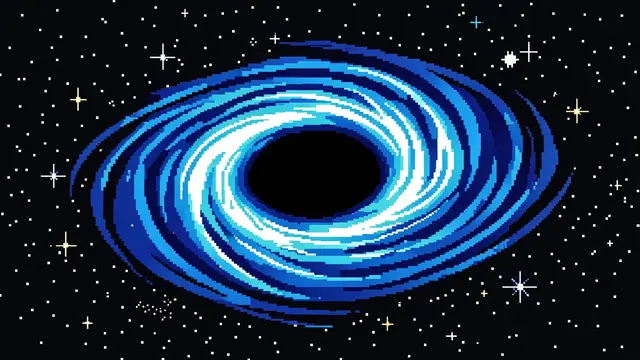 Retro pixel art depiction of a black hole with a swirling blue and white accretion disk set against a starry space background