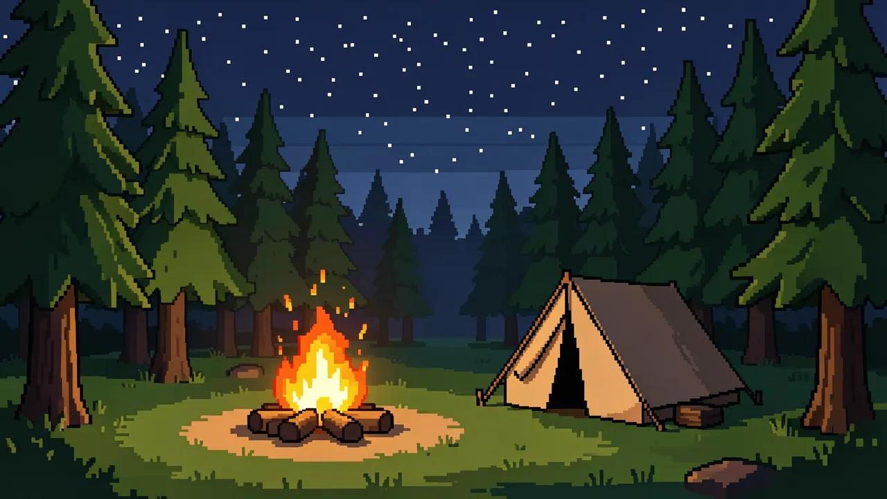 Retro pixel art scene of a lit campfire next to a tent in a pine clearing under a starry night sky