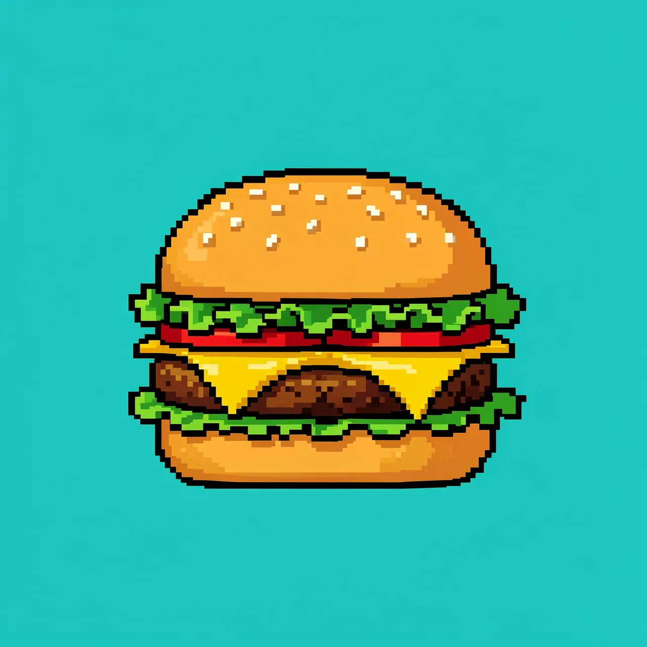 Retro pixel art cheeseburger with sesame bun, lettuce, tomato and cheese on a plain teal background