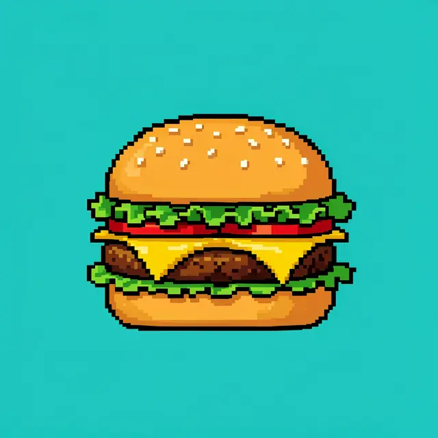 Retro pixel art cheeseburger with sesame bun, lettuce, tomato and cheese on a plain teal background