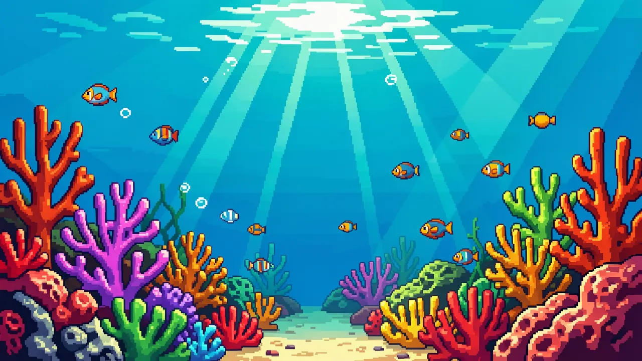 Retro pixel art underwater coral reef with small swimming fish and sunbeams filtering from the surface