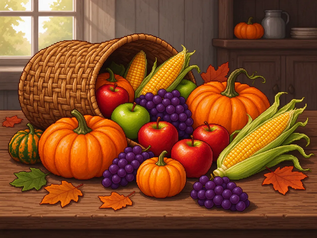 Retro pixel art Thanksgiving cornucopia spilling fall harvest produce onto a wooden kitchen table