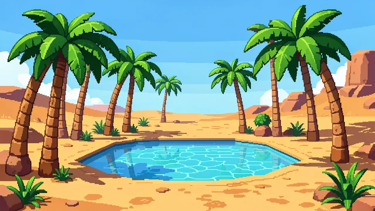 Retro pixel art desert scene with palm trees surrounding a clear central pool under a bright midday sky