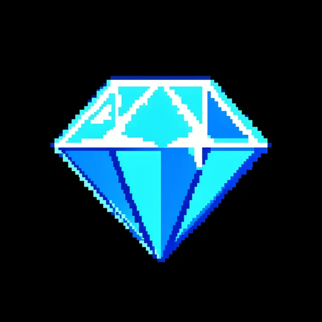 Retro pixel art sparkling blue diamond with white facets centered on a solid black background