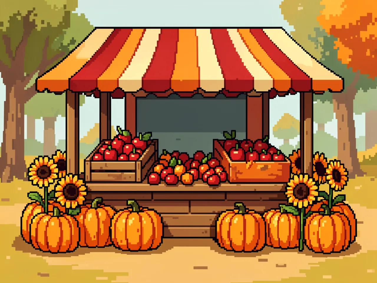 Retro pixel art fall farm stand displays apples, pumpkins and sunflowers under a striped awning with autumn trees in the