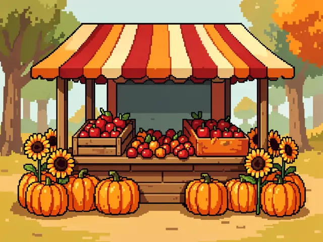 Retro pixel art fall farm stand displays apples, pumpkins and sunflowers under a striped awning with autumn trees in the
