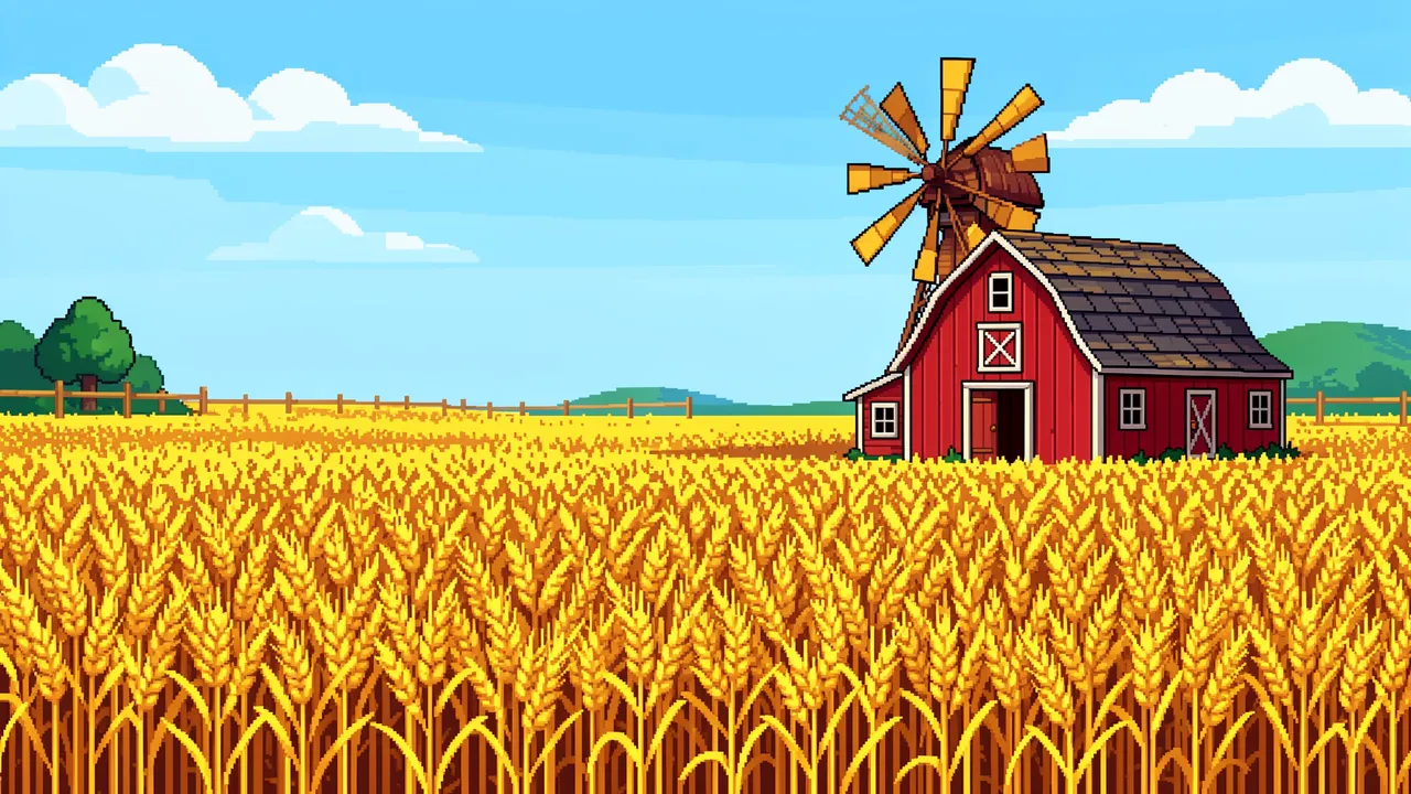 Retro pixel art scene of a red barn and windmill rising above a golden wheat field under a bright blue sky