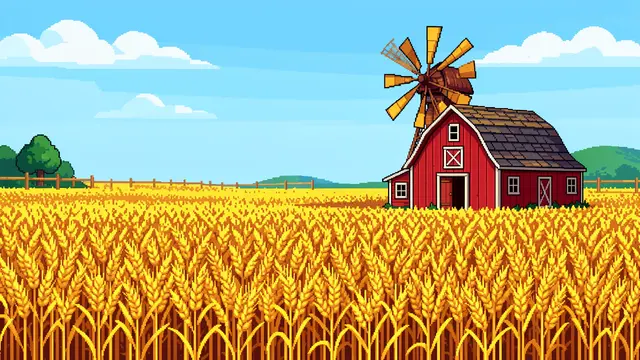 Retro pixel art scene of a red barn and windmill rising above a golden wheat field under a bright blue sky