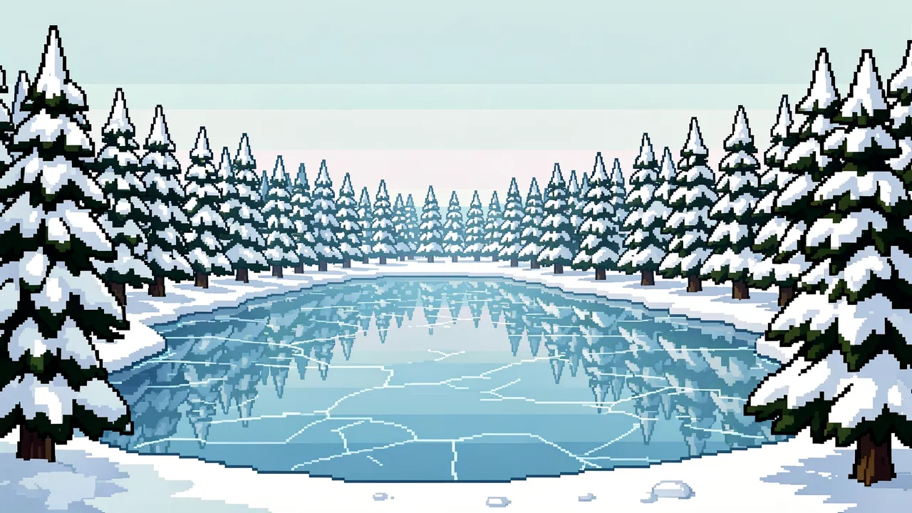 Retro pixel art scene of a cracked frozen lake surrounded by snow-covered pine trees under a pale winter sky