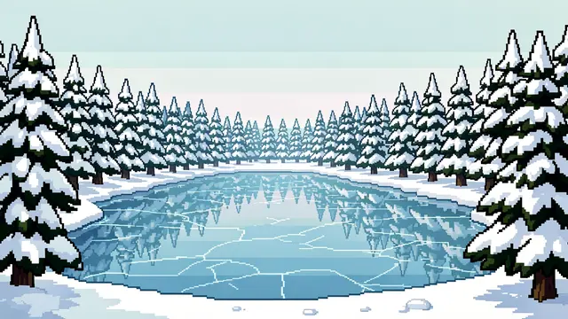 Retro pixel art scene of a cracked frozen lake surrounded by snow-covered pine trees under a pale winter sky