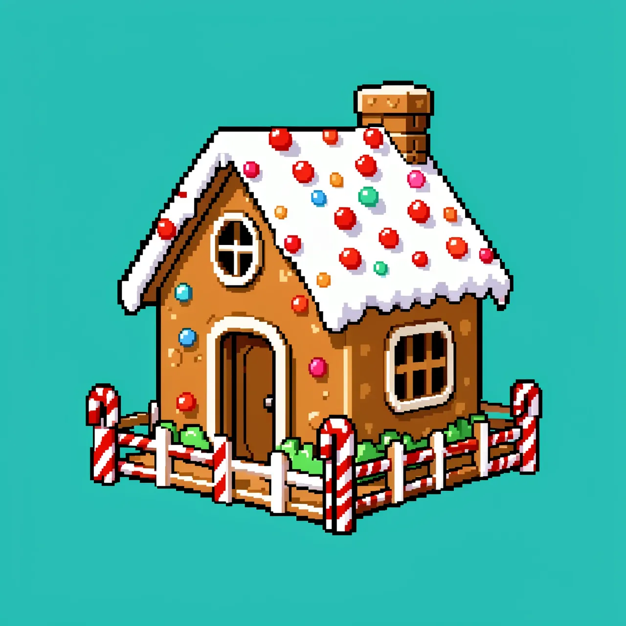 Retro pixel art gingerbread house with icing, gumdrops, and candy cane fence on a teal background