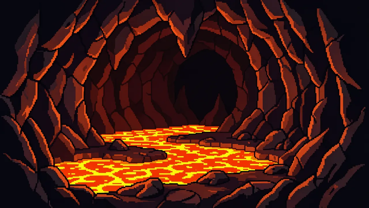 Retro pixel art view of a jagged dark cave lined with glowing orange magma pools
