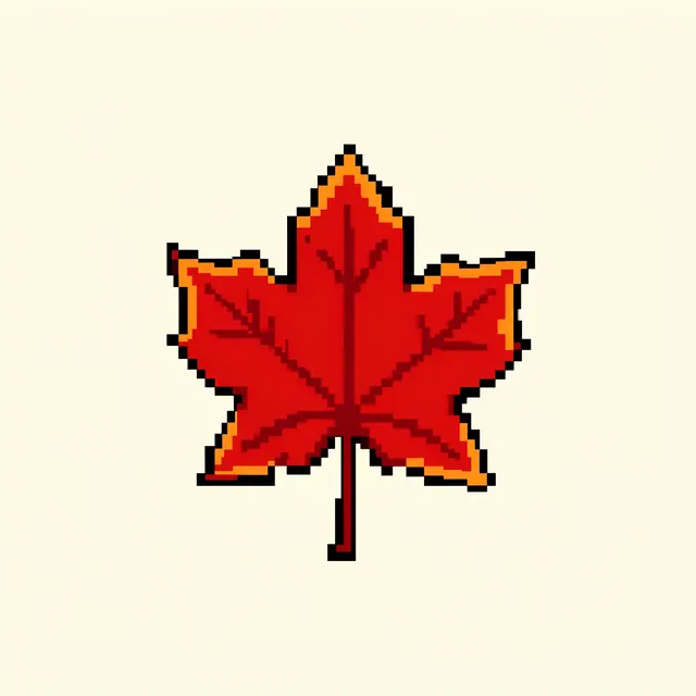 Retro pixel art sprite of a red maple leaf with orange edges on a plain cream background
