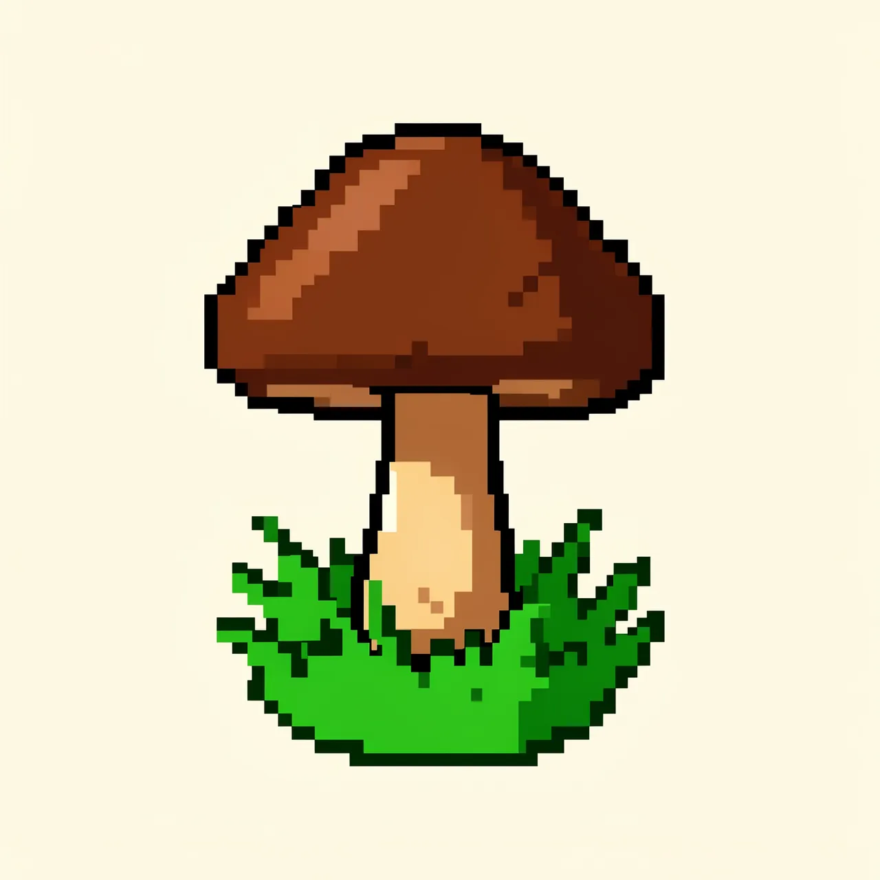 Retro pixel art sprite of a brown capped mushroom with a tan stem growing from green grass on a cream background