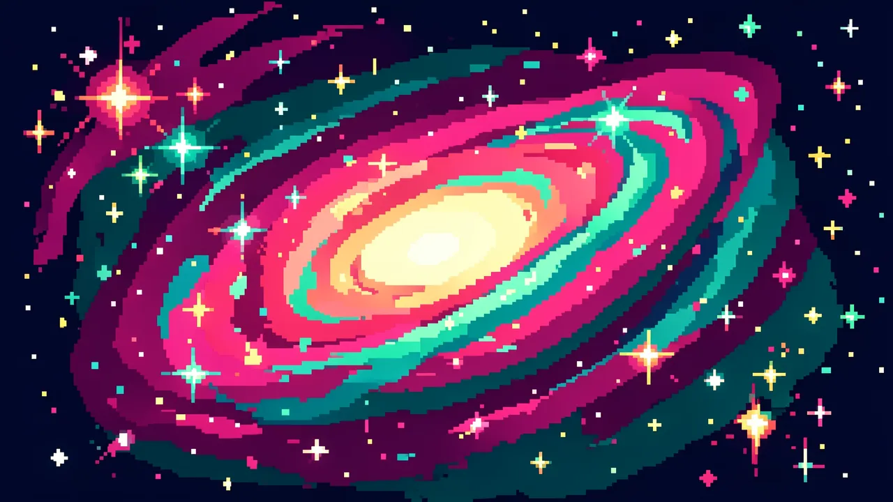 Spiral pixel art nebula in pink and teal dotted with bright star clusters against dark space