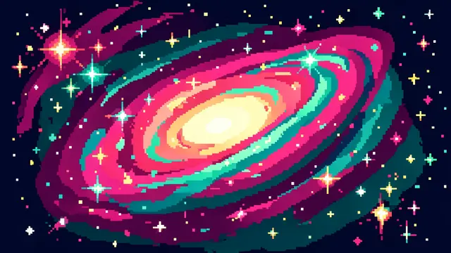 Spiral pixel art nebula in pink and teal dotted with bright star clusters against dark space