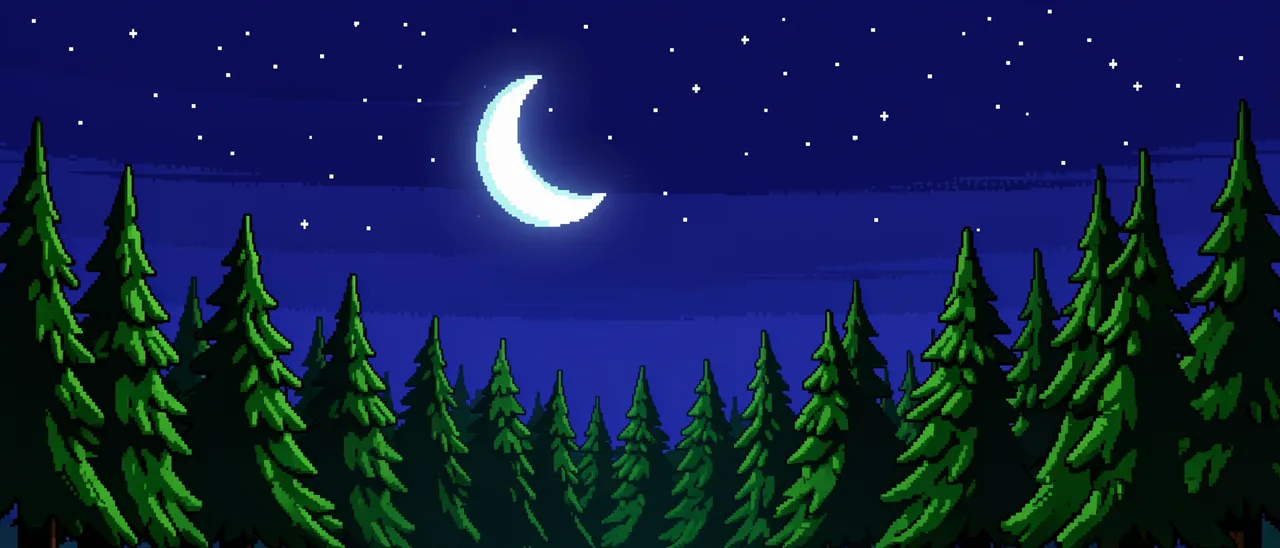 Retro pixel art of a starry night sky with glowing crescent moon above a pine forest