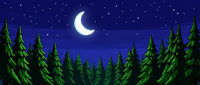 Retro pixel art of a starry night sky with glowing crescent moon above a pine forest