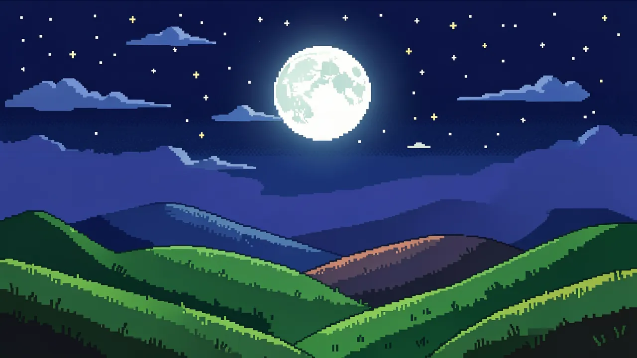 Retro pixel art night sky with a full moon and stars rolling over layered green hills