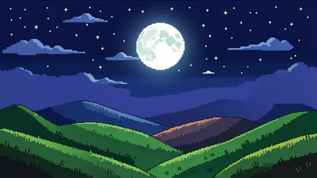 Retro pixel art night sky with a full moon and stars rolling over layered green hills