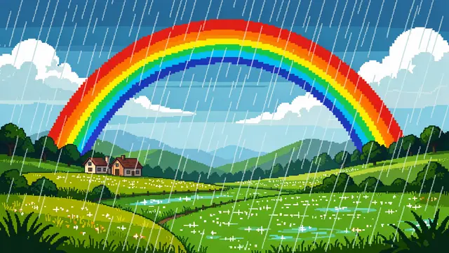 Pixel art landscape with a bright rainbow arching over green valley farmhouses during rain