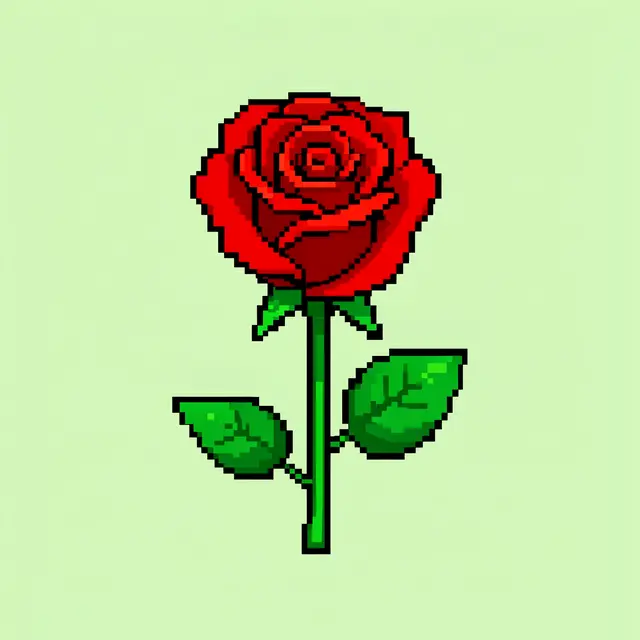 Retro pixel art sprite of a red rose with green stem and leaves on pale green background
