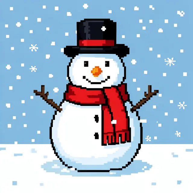 Retro pixel art Christmas snowman with a top hat, red scarf, and falling snow on a winter background