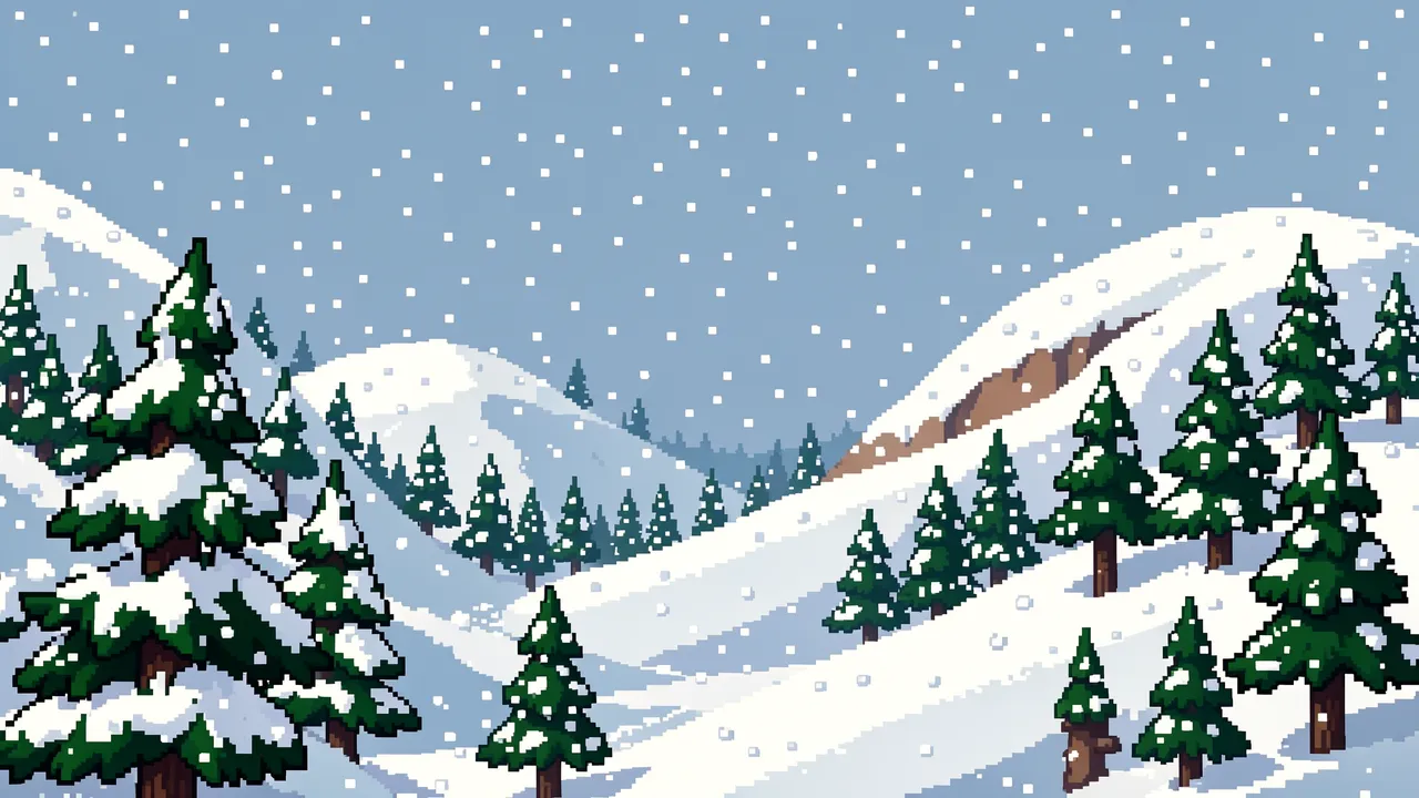 Retro pixel art scene of snow-covered rolling hills dotted with pine trees under falling snow