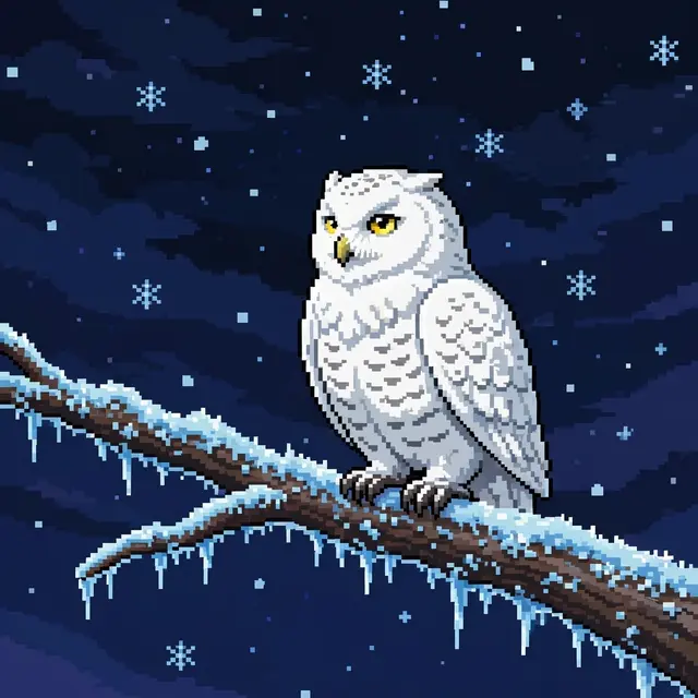A pixel art snowy owl with yellow eyes perches on a frosted, icicle-dusted branch under a dark night sky with falling