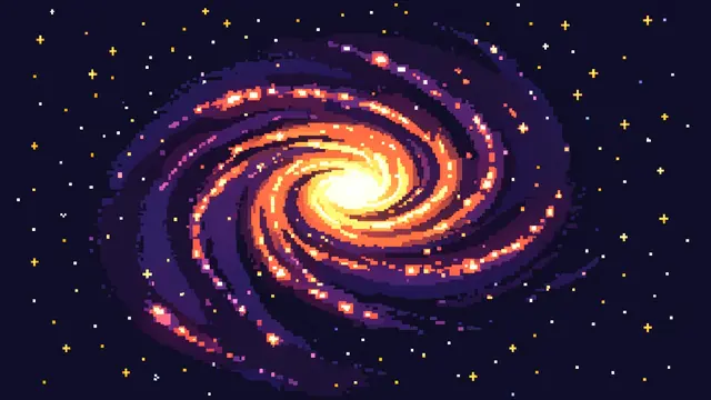 A retro pixel art spiral galaxy glows with warm core light surrounded by scattered stars in deep dark space.
