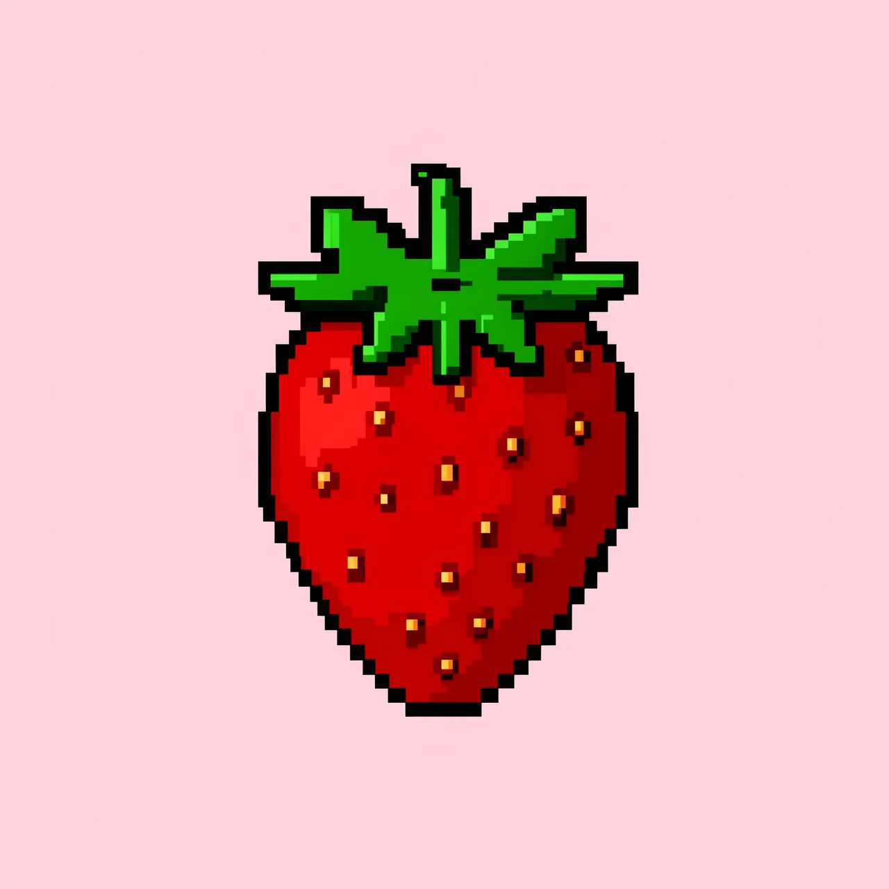 Retro pixel art sprite of a red strawberry on a plain pale pink background