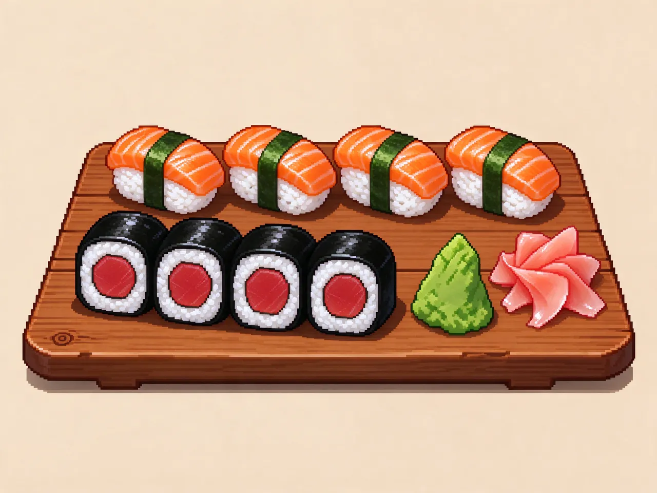Retro pixel art sushi set arranged on a wooden serving board with nigiri, maki, wasabi and pickled ginger