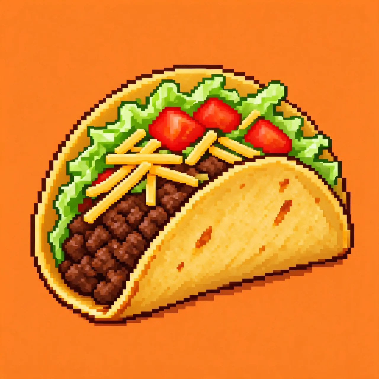 Retro pixel art crunchy taco with beef, lettuce, cheese and tomato on a solid orange background