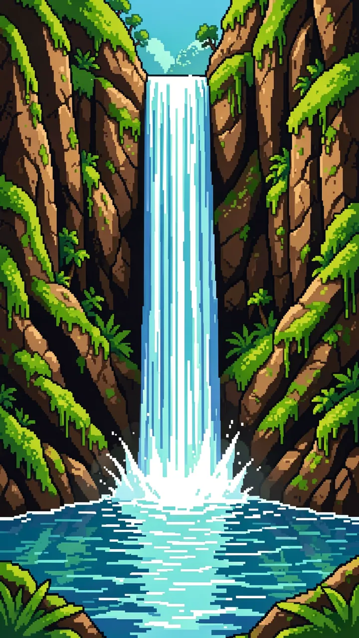 Retro pixel art waterfall cascades down mossy cliffs into a clear rippled pool