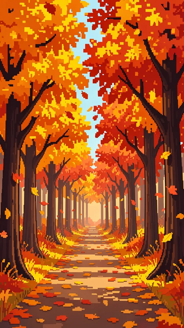 Retro pixel art of a winding autumn forest path lined with fall trees and falling leaves stretching into the distance