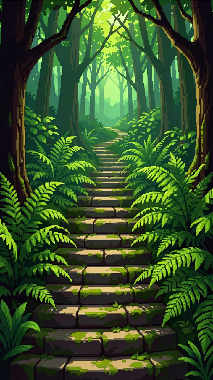 Retro pixel art view of mossy stone steps winding through a sun dappled fern-filled forest
