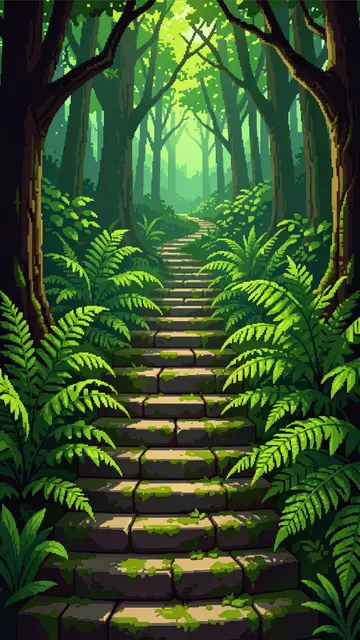 Retro pixel art view of mossy stone steps winding through a sun dappled fern-filled forest