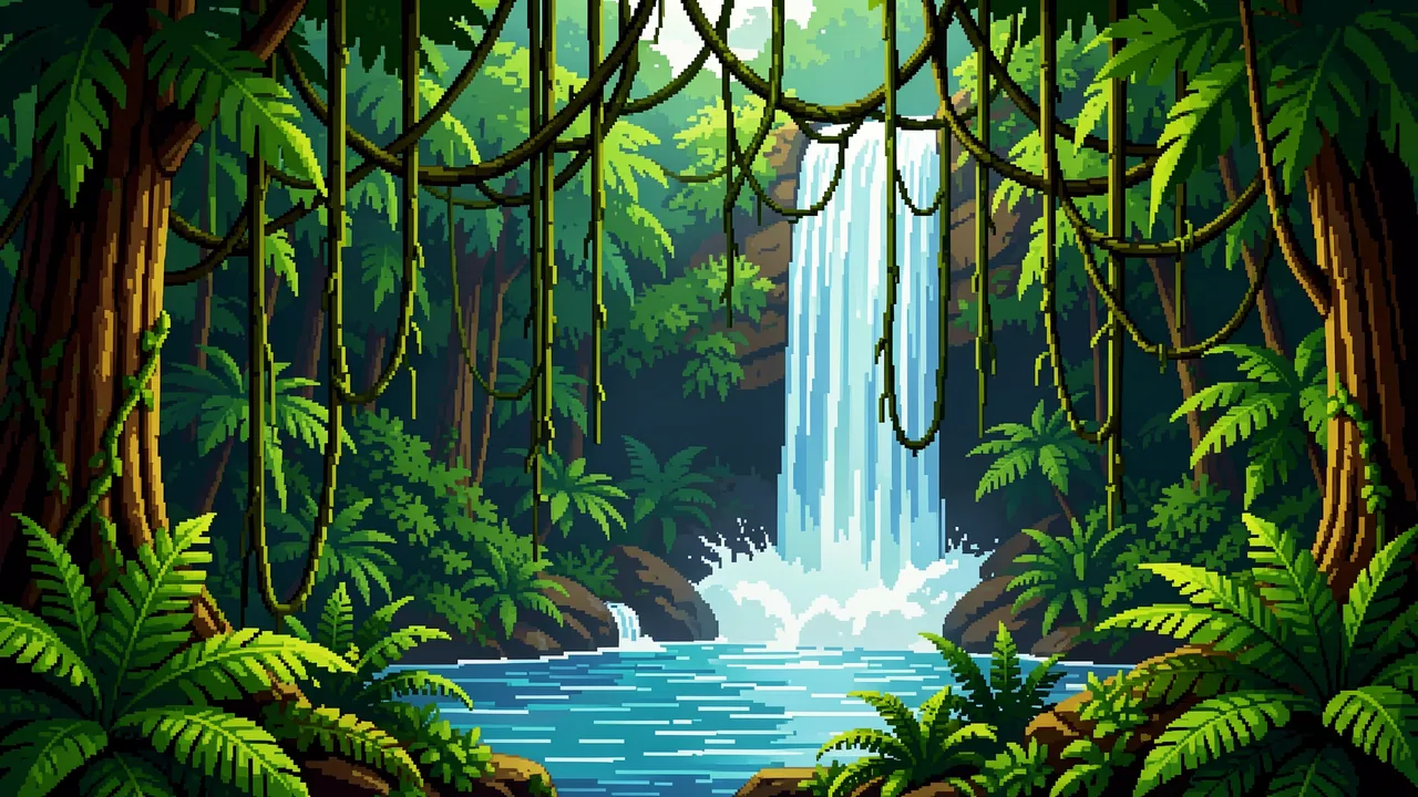 Retro pixel art rainforest scene with a cascading waterfall, hanging vines and lush ferns framing a forest pool.