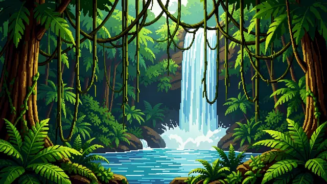 Retro pixel art rainforest scene with a cascading waterfall, hanging vines and lush ferns framing a forest pool.